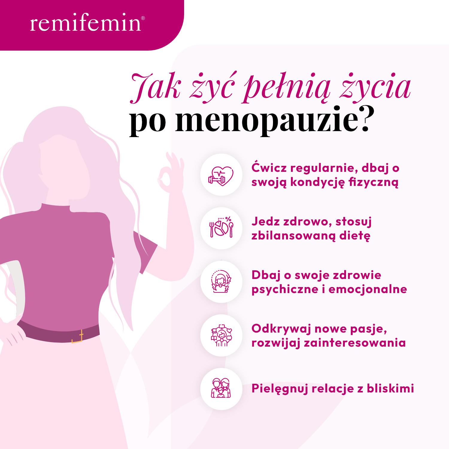 Infografika przedstawiajÄ…ca sposoby na Å¼ycie peÅ‚niÄ… Å¼ycia po menopauzie