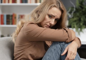 zmartwiona kobieta siedząca na kanapie