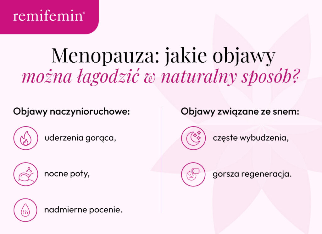Menopauza - jakie objawy mo&Aring;&frac14;na &Aring;agodzi&Auml; w naturalny spos&Atilde;&sup3;b? Uderzenia gor&Auml;ca, poty, nocne wybudzanie, gorsza regeneracja - Infografika